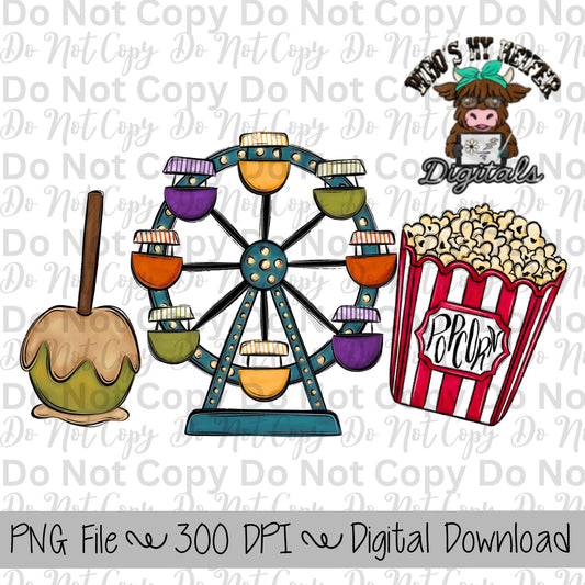 Caramel Apple Fair Trio Sublimation Design Hand Drawn Fair Food PNG Kids Fair Sublimation Shirt Design State Fair PNG File Fair Clipart