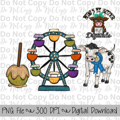 Caramel Apple Ferris Wheel Cow Sublimation Design Hand Drawn Carnival Sublimation Shirt Design State Fair PNG File Livestock Fair PNG