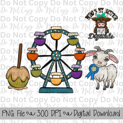 Caramel Apple Ferris Wheel Goat Sublimation Design Hand Drawn Carnival Sublimation Shirt Design State Fair PNG File Livestock Fair PNG
