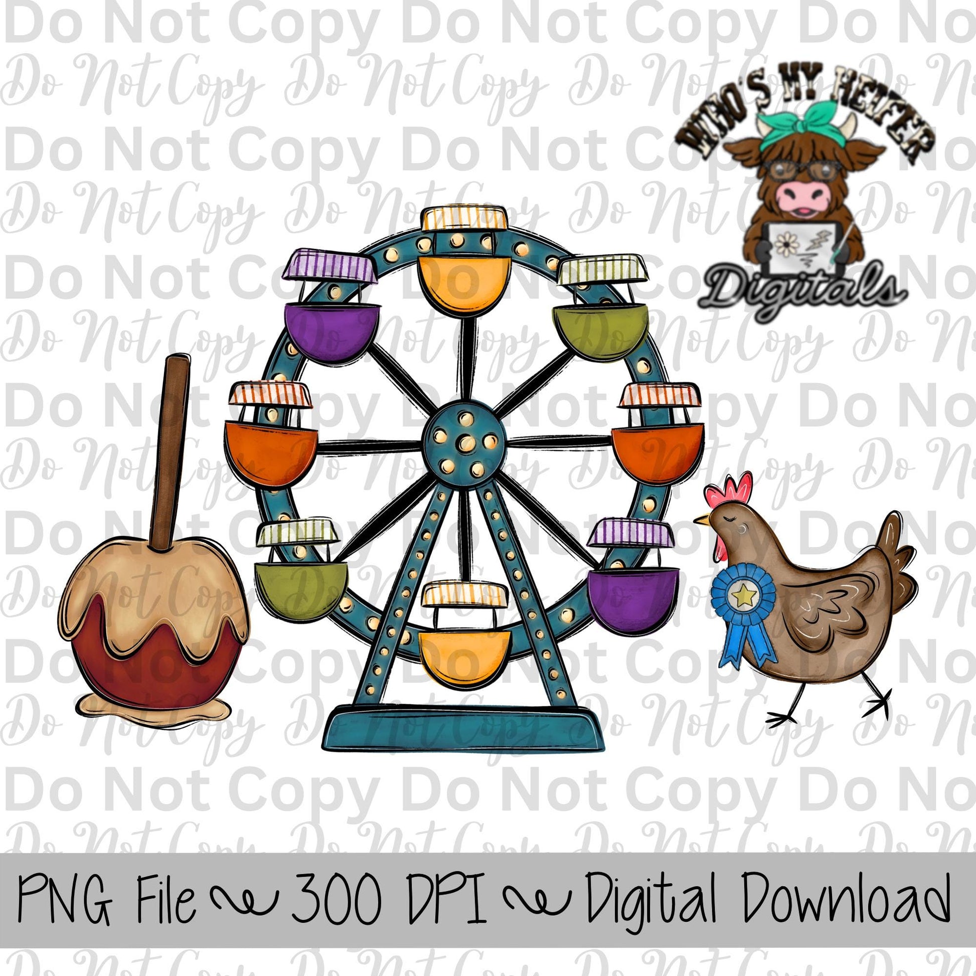 Caramel Apple Ferris Wheel Chicken Sublimation Design Hand Drawn Carnival Sublimation Shirt Design State Fair PNG File Livestock Fair PNG