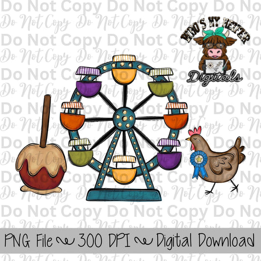 Caramel Apple Ferris Wheel Chicken Sublimation Design Hand Drawn Carnival Sublimation Shirt Design State Fair PNG File Livestock Fair PNG