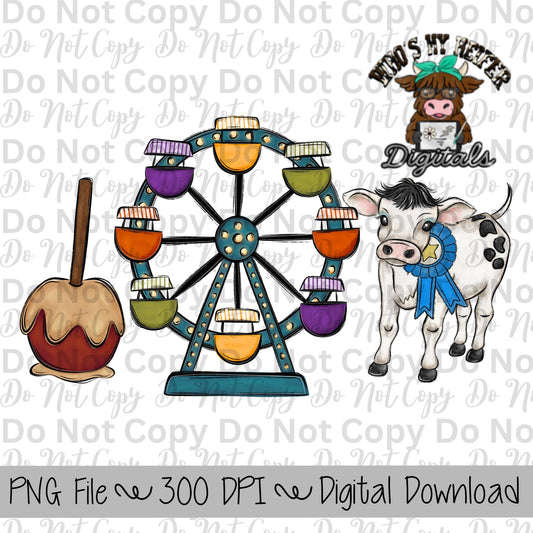Caramel Apple Ferris Wheel Cow Sublimation Design Hand Drawn Carnival Sublimation Shirt Design State Fair PNG File Livestock Fair PNG