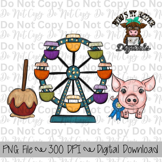 Caramel Apple Ferris Wheel Pig Sublimation Design Hand Drawn Carnival Sublimation Shirt Design State Fair PNG File Livestock Fair PNG