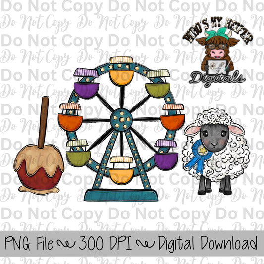 Caramel Apple Ferris Wheel Sheep Sublimation Design Hand Drawn Carnival Sublimation Shirt Design State Fair PNG File Livestock Fair PNG
