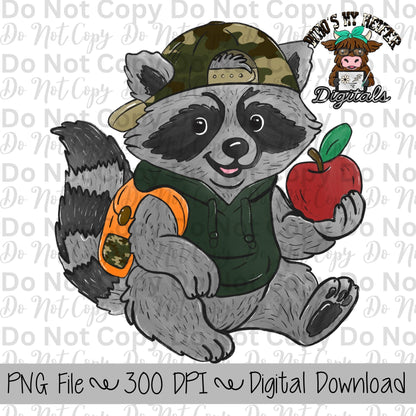 Back to School Raccoon PNG Hand Drawn Boy Raccoon with Camo Hat Sublimation File Funny School PNG File First day of School Boy Shirt Designs