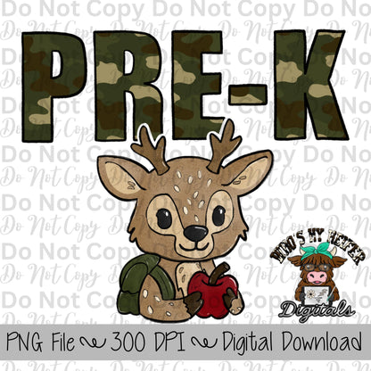 Camouflage Pre K PNG Hand Drawn Pre K Sublimation Design Back to School Hunting PNG First day of School Shirt Designs School Boy Deer Shirt