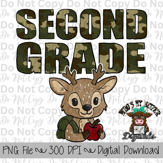 Camouflage Second Grade PNG Hand Drawn Second Grade Sublimation Design Back to School Hunting PNG First day of School Shirt Designs Boy Deer