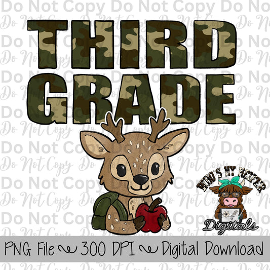Camouflage Third Grade PNG Hand Drawn Third Grade Sublimation Design Back to School Hunting PNG First day of School Shirt Designs Boy Deer