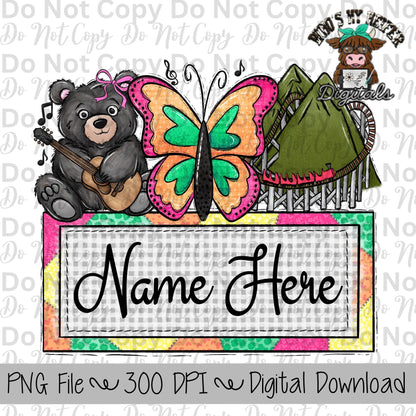 Whimsical Smoky Mountains with Name Plate PNG File Hand Drawn Butterfly, Bear, & Mountain Coaster Clipart Pigeon Forge Vacation Sublimation