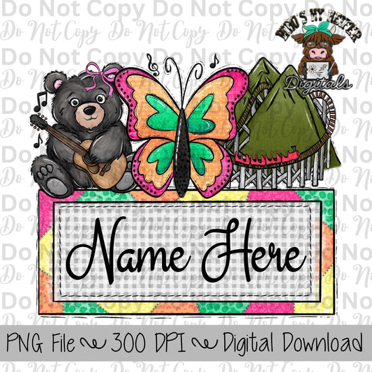 Whimsical Smoky Mountains with Name Plate PNG File Hand Drawn Butterfly, Bear, & Mountain Coaster Clipart Pigeon Forge Vacation Sublimation