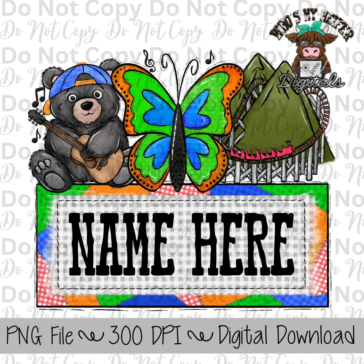 Whimsical Smoky Mountains with Name Plate PNG File Hand Drawn Butterfly, Bear, & Mountain Coaster Clipart Pigeon Forge Vacation Sublimation