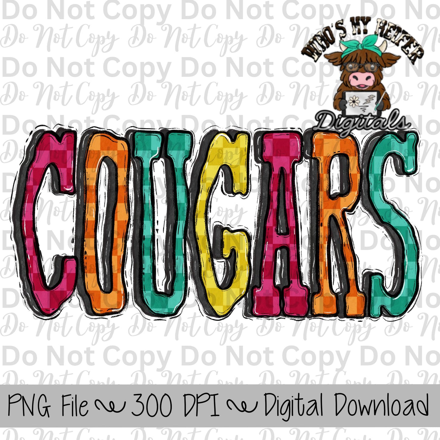 Cougars PNG Hand Drawn Cougars Sublimation Design Sports Teams Spirit Shirt Designs School Spirit PNG File Checkerboard Hand Lettering Art