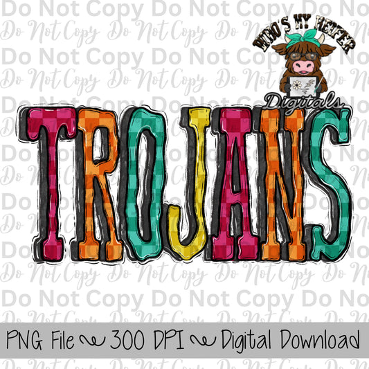 Trojans PNG Hand Drawn Trojans Sublimation Design Sports Team Spirit Shirt Designs School Spirit PNG File Checkerboard Retro Mascot Name PNG