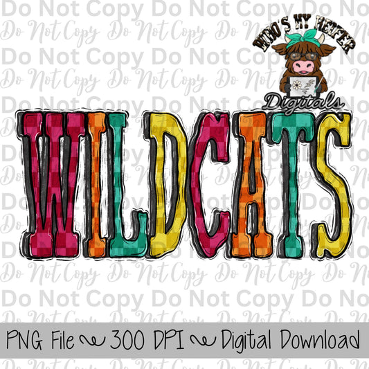 Wildcats PNG Hand Drawn Wildcats Sublimation Design Sports Team Spirit Shirt Designs School Spirit PNG File Checkerboard Retro Mascot Name