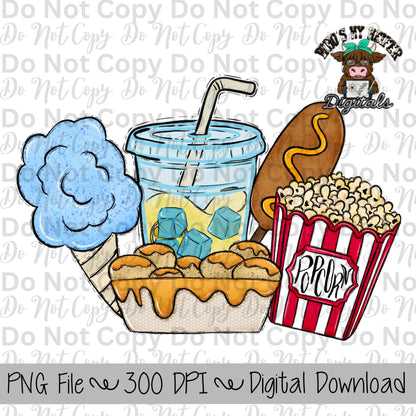 Carnival Snacks Sublimation Design Hand Drawn Fair Food PNG Kids Fair Sublimation Shirt Design State Fair PNG File Blue Cotton Candy Clipart