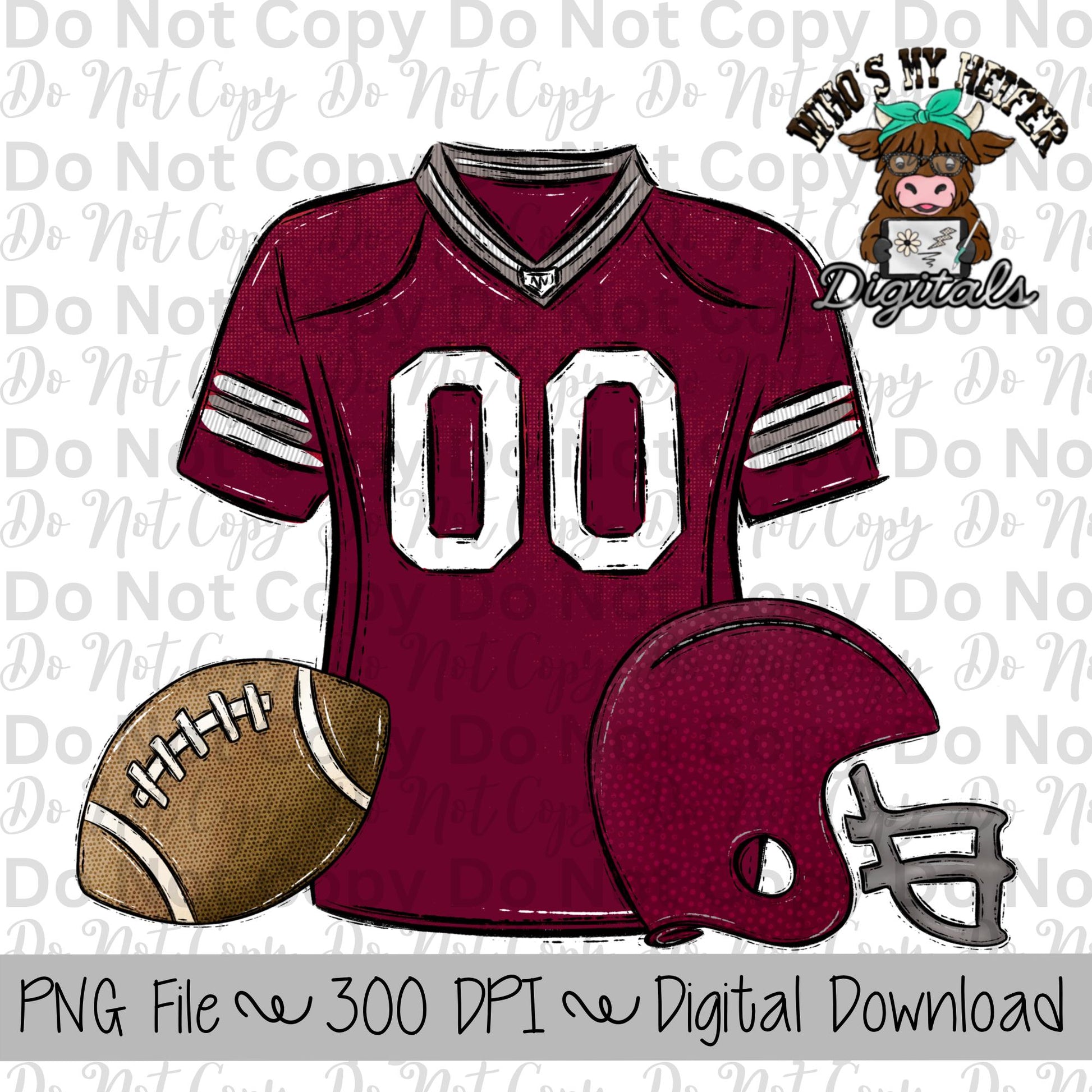 Maroon and White Football Trio PNG Hand Drawn Football, Jersey, & Helmet Sublimation Design Boy Game Day Shirt Design Football Gear Clipart