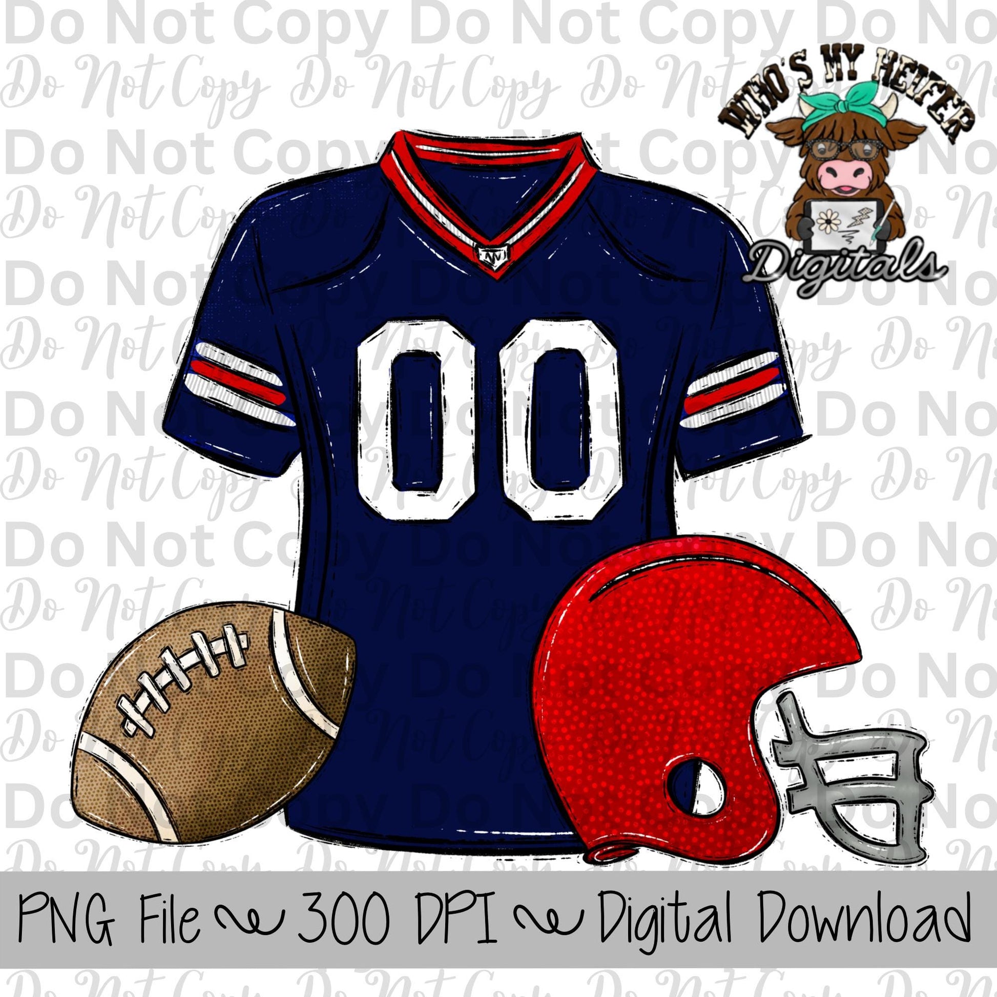Navy and Red Football Trio PNG Hand Drawn Football, Jersey, & Helmet Sublimation Design Boy Game Day Shirt Design Football Gear Clipart