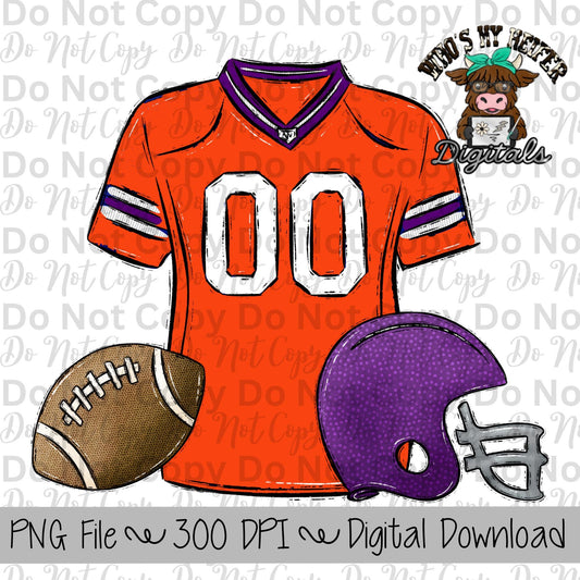 Orange and Purple Football Trio PNG Hand Drawn Football, Jersey, & Helmet Sublimation Design Boy Game Day Shirt Design Football Gear Clipart
