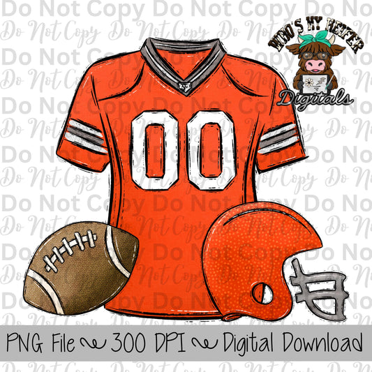 Orange and White Football Trio PNG Hand Drawn Football, Jersey, & Helmet Sublimation Design Boy Game Day Shirt Design Football Gear Clipart