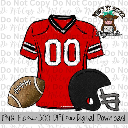 Red and Black Football Trio PNG Hand Drawn Football, Jersey, & Helmet Sublimation Design Boy Game Day Shirt Design Football Gear Clipart
