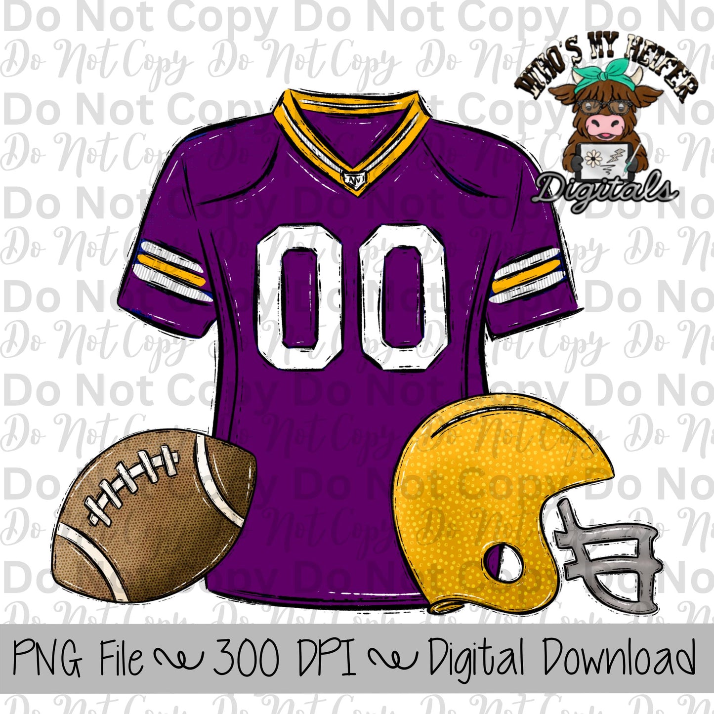 Purple and Gold Football Trio PNG Hand Drawn Football, Jersey, & Helmet Sublimation Design Boy Game Day Shirt Design Football Gear Clipart