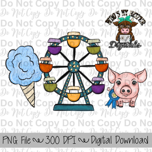 Blue Cotton Candy Fair Trio Sublimation Design Hand Drawn Fair Food PNG Carnival Sublimation Shirt Design State Fair PNG File Livestock Fair