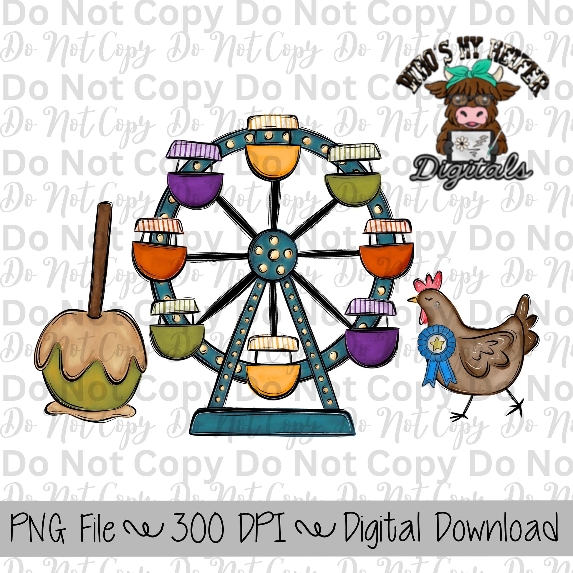 Caramel Apple Ferris Wheel Chicken Sublimation Design Hand Drawn Carnival Sublimation Shirt Design State Fair PNG File Livestock Fair PNG