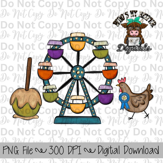 Caramel Apple Ferris Wheel Chicken Sublimation Design Hand Drawn Carnival Sublimation Shirt Design State Fair PNG File Livestock Fair PNG