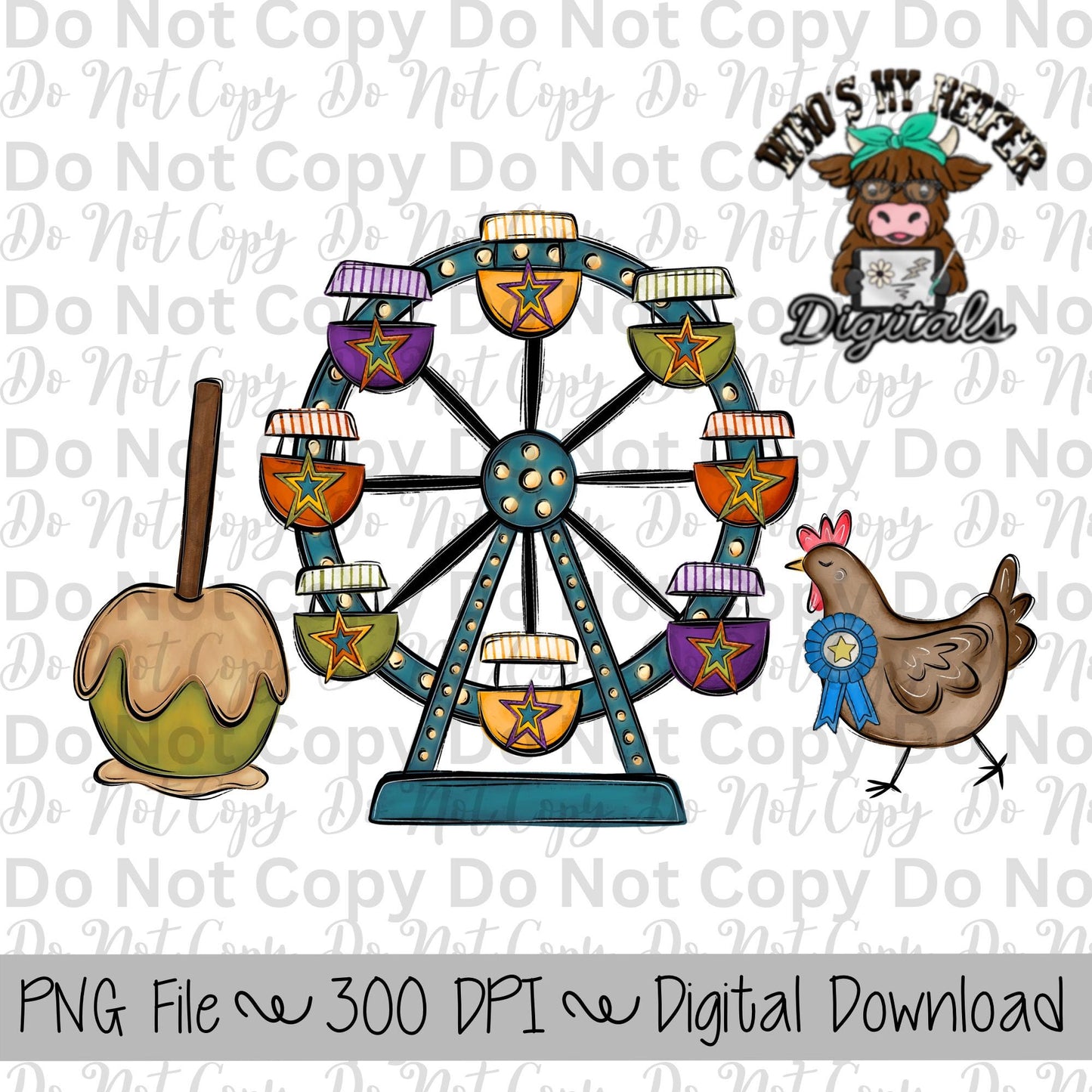 Caramel Apple Ferris Wheel Chicken Sublimation Design Hand Drawn Carnival Sublimation Shirt Design State Fair PNG File Livestock Fair PNG