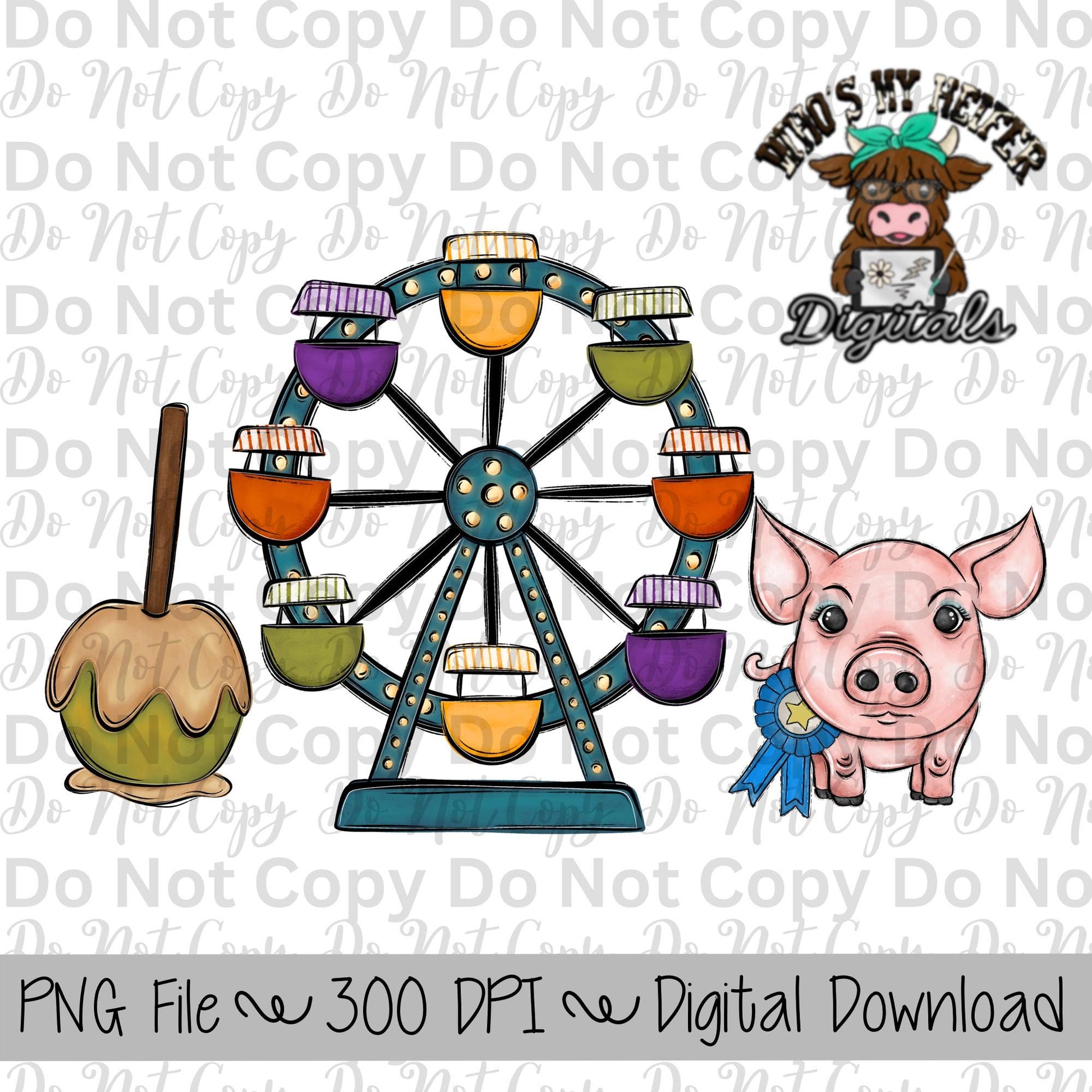 Caramel Apple Ferris Wheel Pig Sublimation Design Hand Drawn Carnival Sublimation Shirt Design State Fair PNG File Livestock Fair PNG