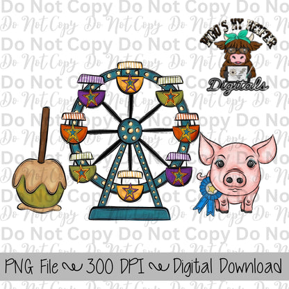 Caramel Apple Ferris Wheel Pig Sublimation Design Hand Drawn Carnival Sublimation Shirt Design State Fair PNG File Livestock Fair PNG Star