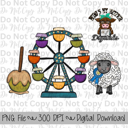Caramel Apple Ferris Wheel Sheep Sublimation Design Hand Drawn Carnival Sublimation Shirt Design State Fair PNG File Livestock Fair PNG