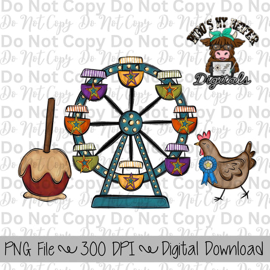 Caramel Apple Ferris Wheel Chicken Sublimation Design Hand Drawn Carnival Sublimation Shirt Design State Fair PNG Livestock Fair PNG Star