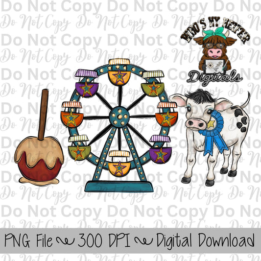 Caramel Apple Ferris Wheel Cow Sublimation Design Hand Drawn Carnival Sublimation Shirt Design State Fair PNG File Livestock Fair PNG Star