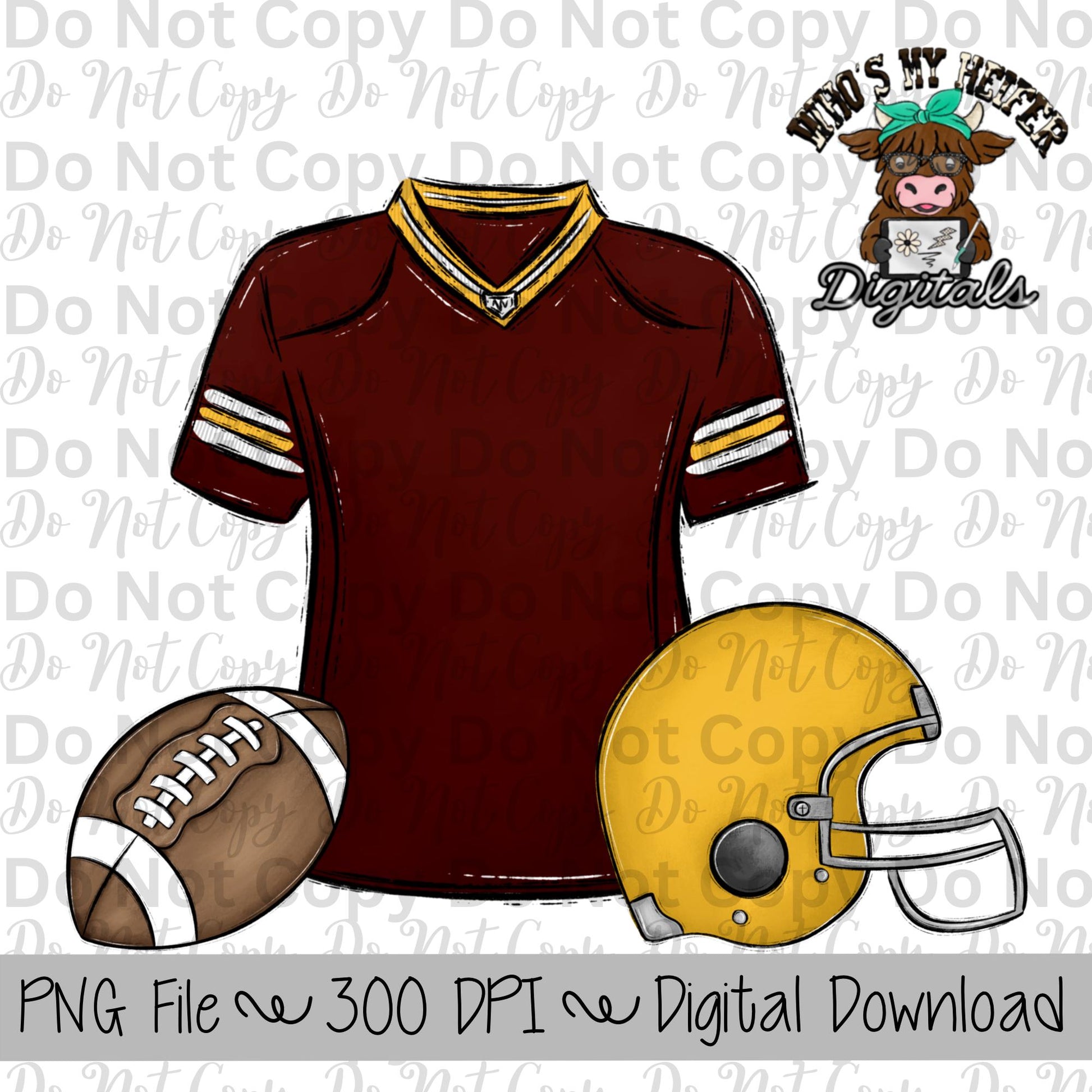 Burgundy and Yellow Football Trio PNG Hand Drawn Football, Jersey, Helmet Sublimation Design Boy Game Day Shirt Design Football Gear Clipart