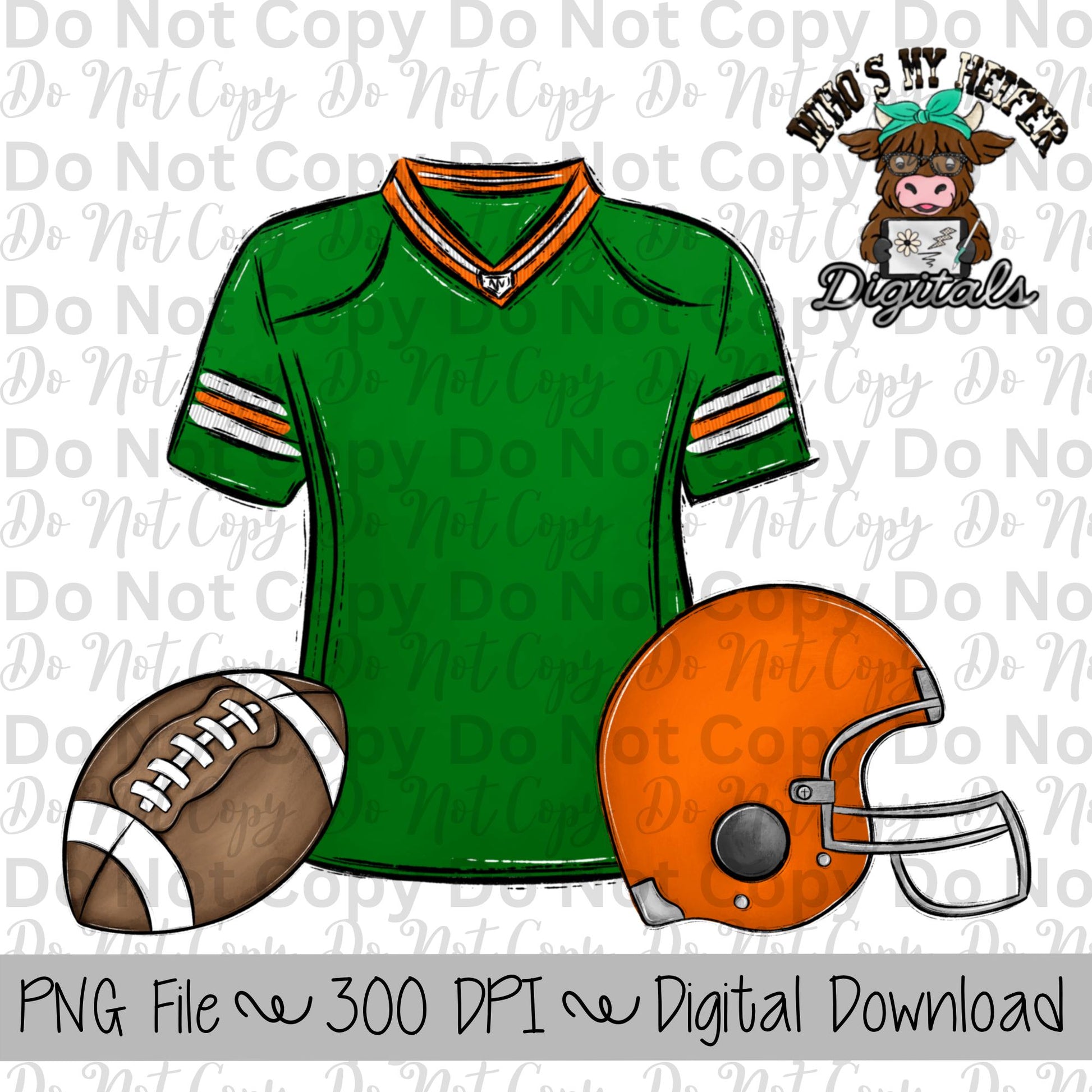 Green and Orange Football Trio PNG Hand Drawn Football, Jersey, & Helmet Sublimation Design Boy Game Day Shirt Design Football Gear Clipart