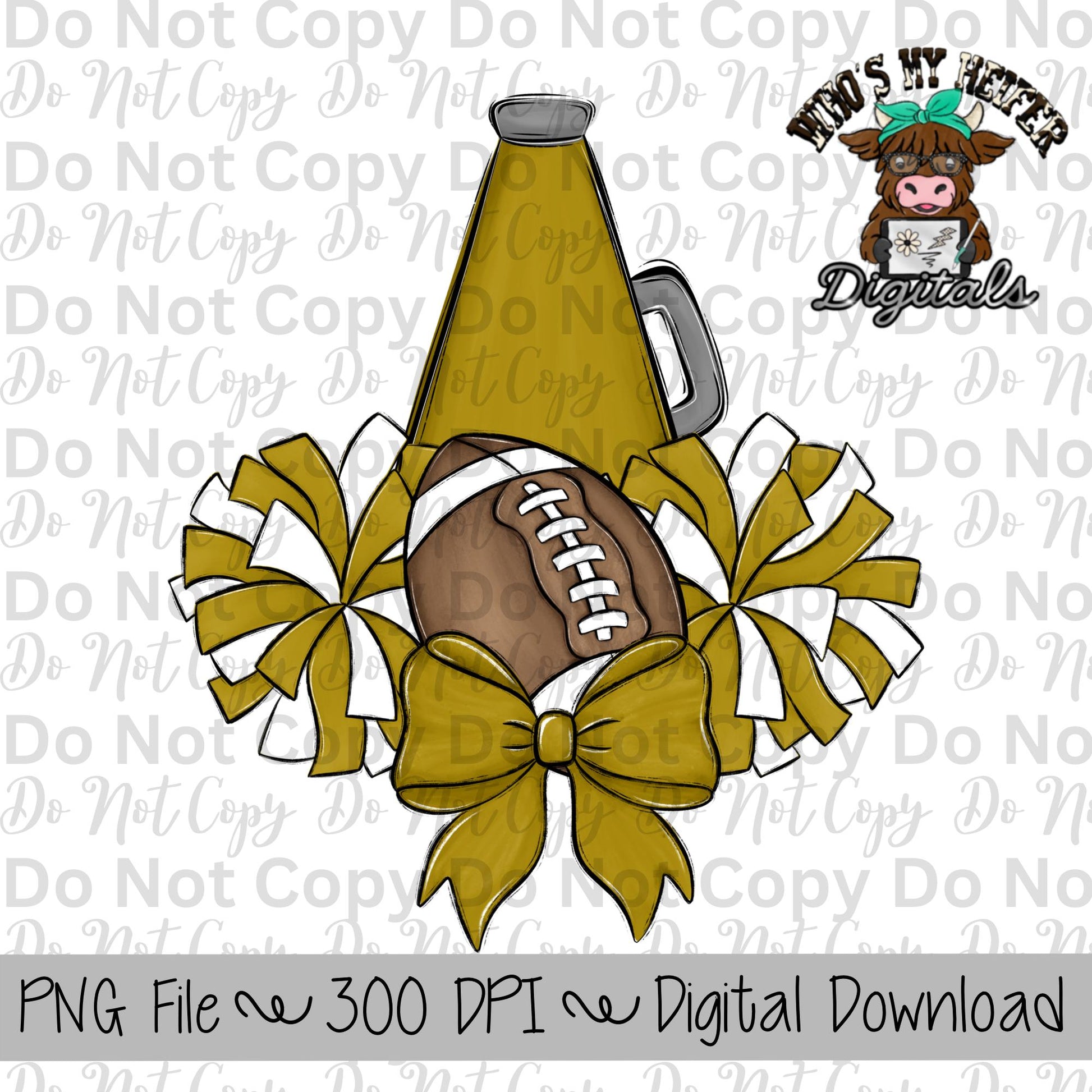 Gold and White Football Cheer PNG Hand Drawn Football, Pompoms, & Cheer Bow Sublimation Design Girl Game Day Shirt Design Cheer Clipart