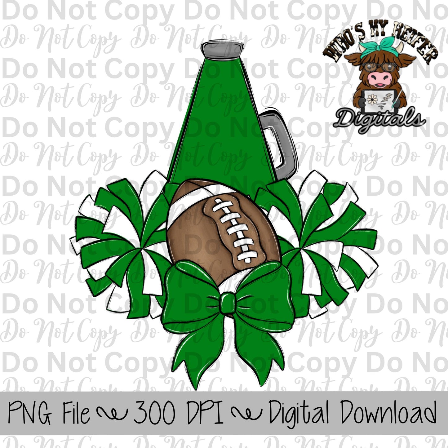 Green and White Football Cheer PNG Hand Drawn Football, Pompoms, & Cheer Bow Sublimation Design Girl Game Day Shirt Design Cheer Clipart