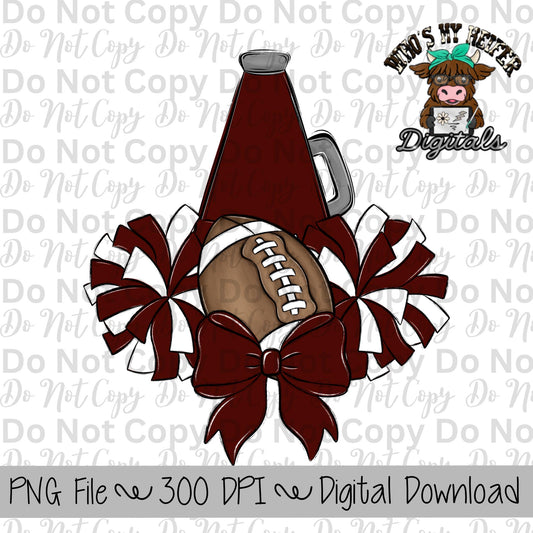 Maroon and White Football Cheer PNG Hand Drawn Football, Pompoms, & Cheer Bow Sublimation Design Girl Game Day Shirt Design Cheer Clipart