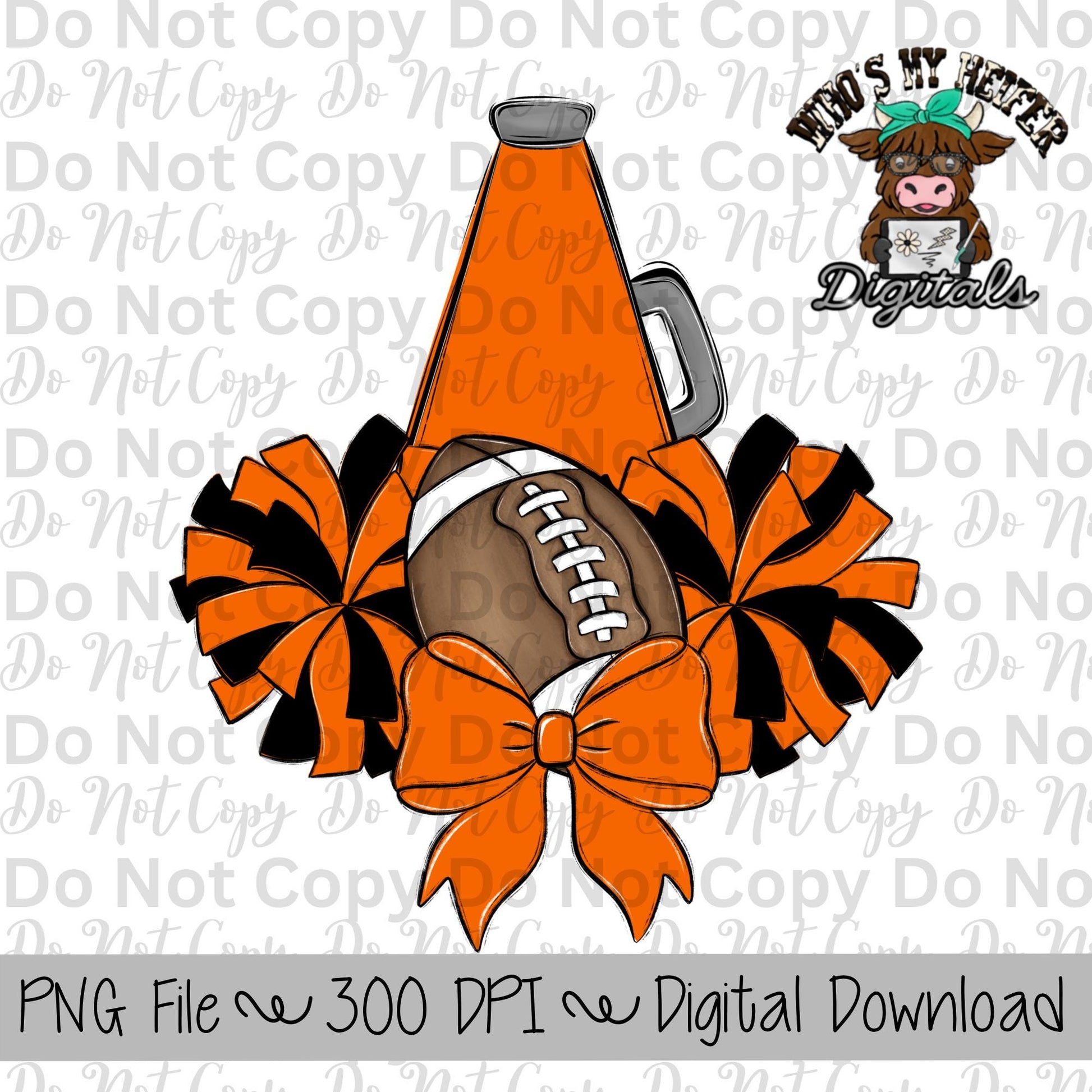 Orange and Black Football Cheer PNG Hand Drawn Football, Pompoms, & Cheer Bow Sublimation Design Girl Game Day Shirt Design Cheer Clipart