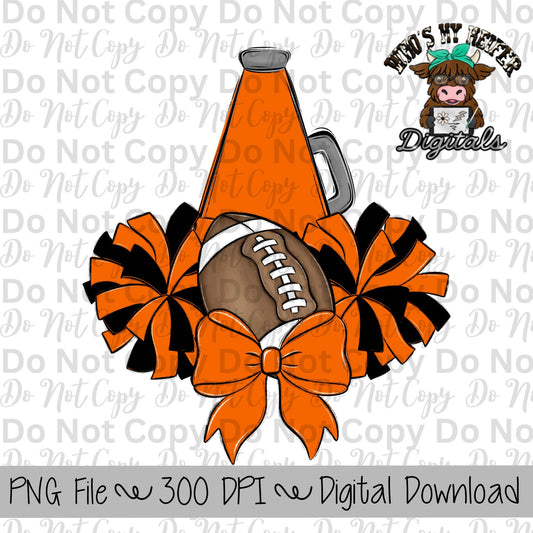 Orange and Black Football Cheer PNG Hand Drawn Football, Pompoms, & Cheer Bow Sublimation Design Girl Game Day Shirt Design Cheer Clipart