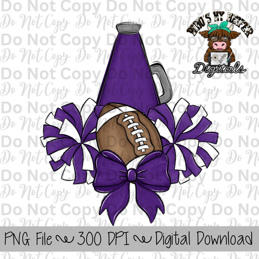 Purple and White Football Cheer PNG Hand Drawn Football, Pompoms, & Cheer Bow Sublimation Design Girl Game Day Shirt Design Cheer Clipart