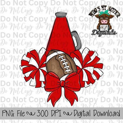 Red and White Football Cheer PNG Hand Drawn Football, Pompoms, & Cheer Bow Sublimation Design Girl Game Day Shirt Design Cheer Clipart