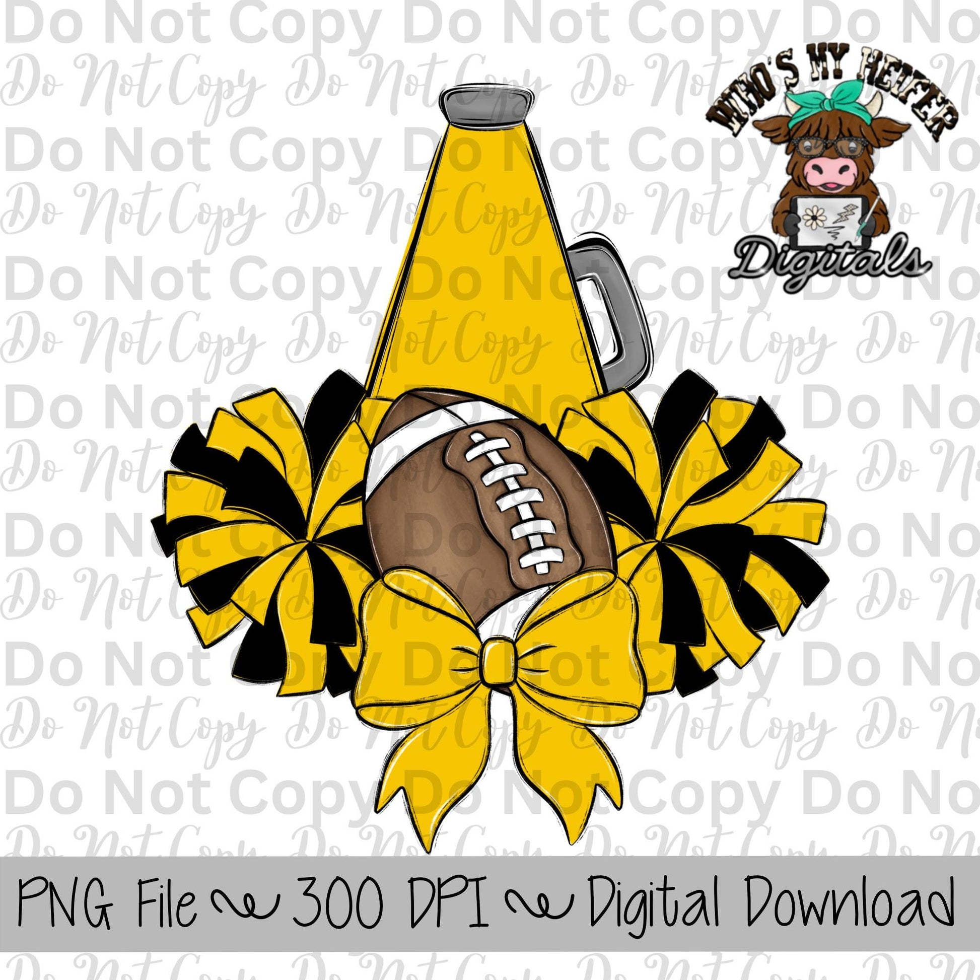 Yellow and Black Football Cheer PNG Hand Drawn Football, Pompoms, & Cheer Bow Sublimation Design Girl Game Day Shirt Design Cheer Clipart