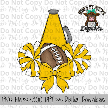 Yellow and White Football Cheer PNG Hand Drawn Football, Pompoms, & Cheer Bow Sublimation Design Girl Game Day Shirt Design Cheer Clipart