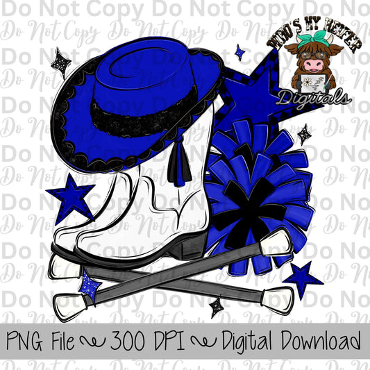 Blue and Black Drill Team PNG Hand Drawn Pompoms, Drill Hat, & Baton Twirler Sublimation Design Girl Game Day Shirt Design Drill Team Boots