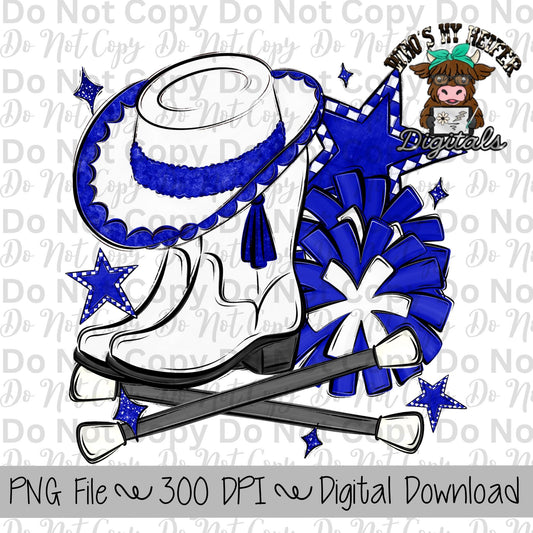 Blue and White Drill Team PNG Hand Drawn Pompoms, Drill Hat, & Baton Twirler Sublimation Design Girl Game Day Shirt Design Drill Team Boots