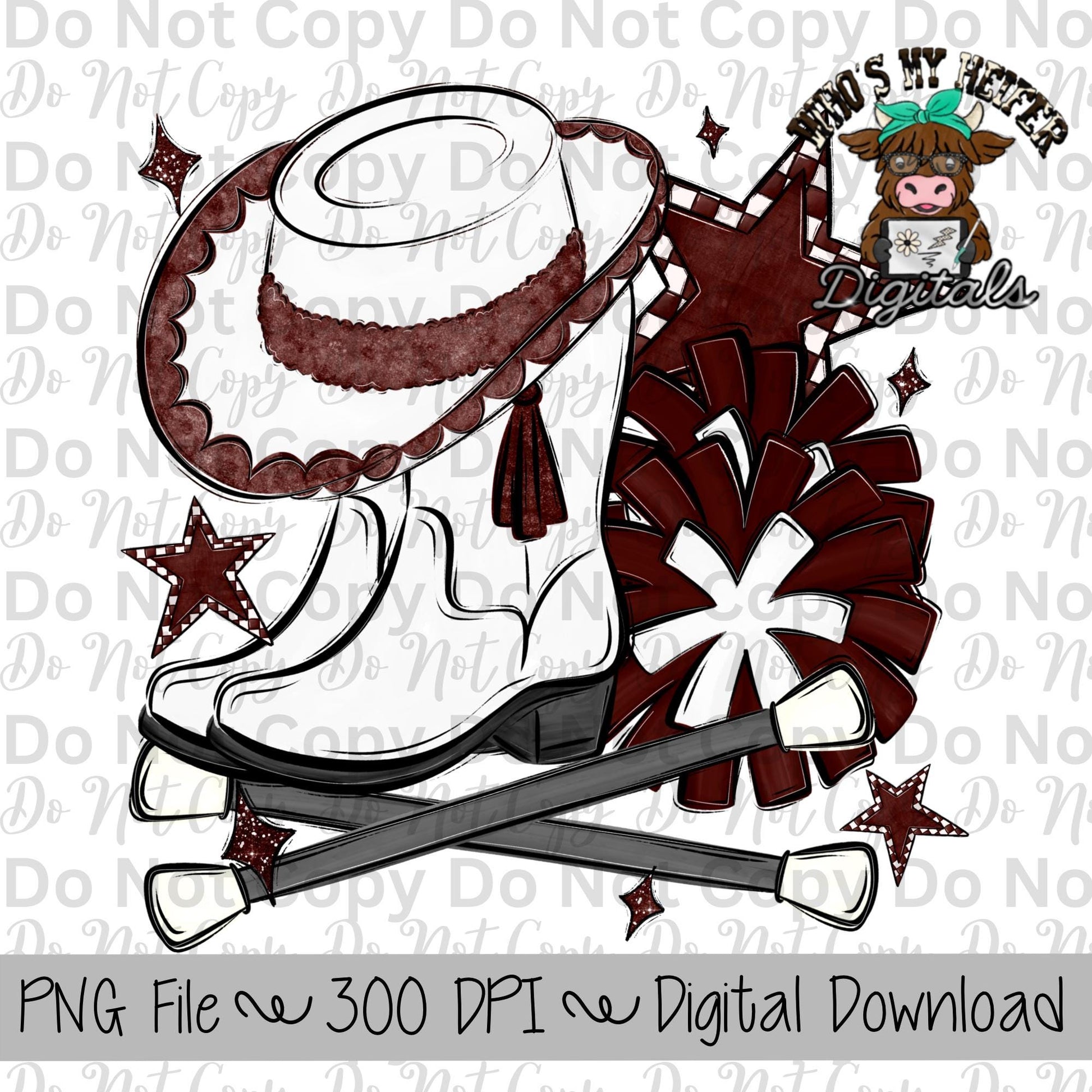 Burgundy and White Drill Team PNG Hand Drawn Pompoms, Drill Hat, & Baton Twirler Sublimation Design Game Day Shirt Design Drill Team Boots