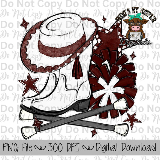 Burgundy and White Drill Team PNG Hand Drawn Pompoms, Drill Hat, & Baton Twirler Sublimation Design Game Day Shirt Design Drill Team Boots