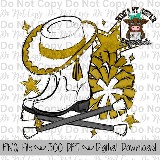 Gold and White Drill Team PNG Hand Drawn Pompoms, Drill Hat, & Baton Twirler Sublimation Design Girl Game Day Shirt Design Drill Team Boots